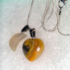Boho Agate Heart and Moon Sterling Silver 24” Neckla…